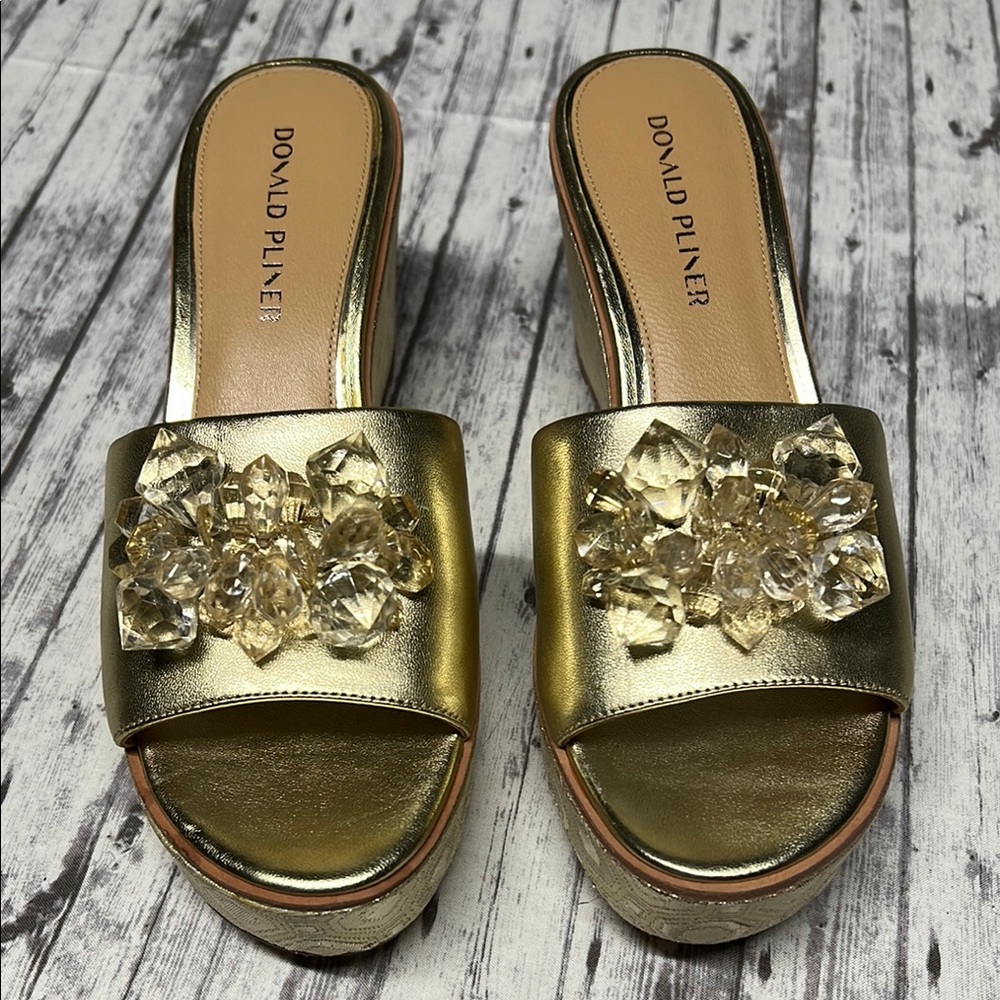 Donald J. Pliner Gold Wedge Slides with gem Embellishment